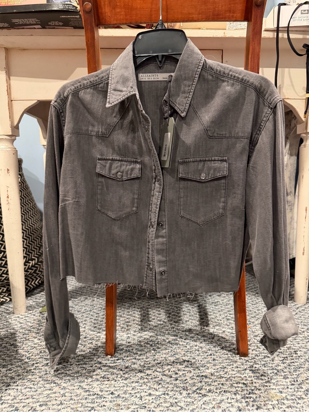 AllSaints Grey Cropped Denim Western Shirt